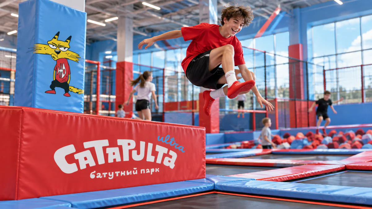Ultra Catapulta — батутный парк, мягкий блок с логотипом