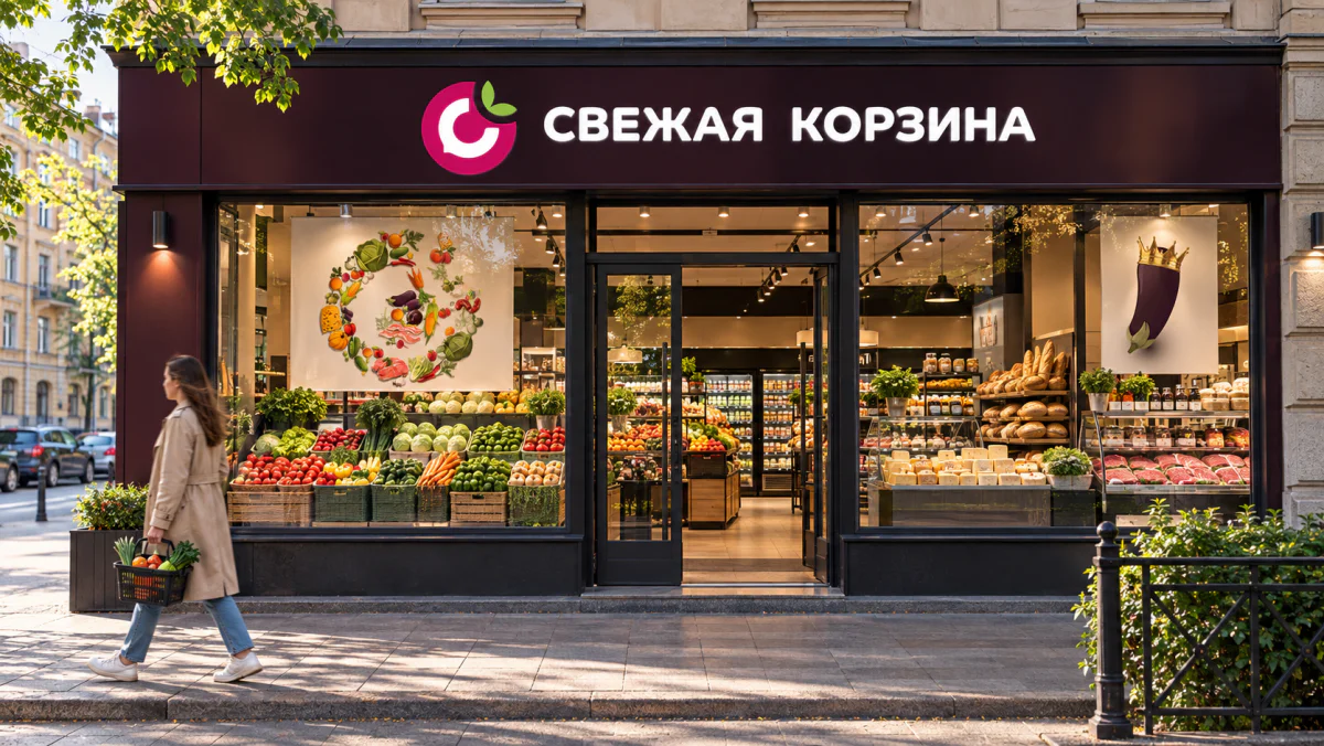 Свежая корзина — витрина магазина с вывеской